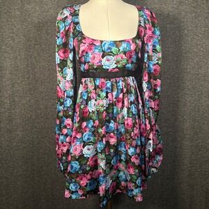 For Love & Lemons Blue Purple Floral Maggie Mini Black Dress Medium